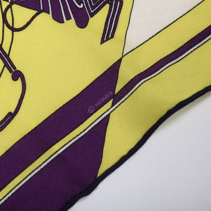 Hermes Cashmere Silk Ex-Libris Losange Scarf MM Jaune Fluo Violet Blanc 3 of 4