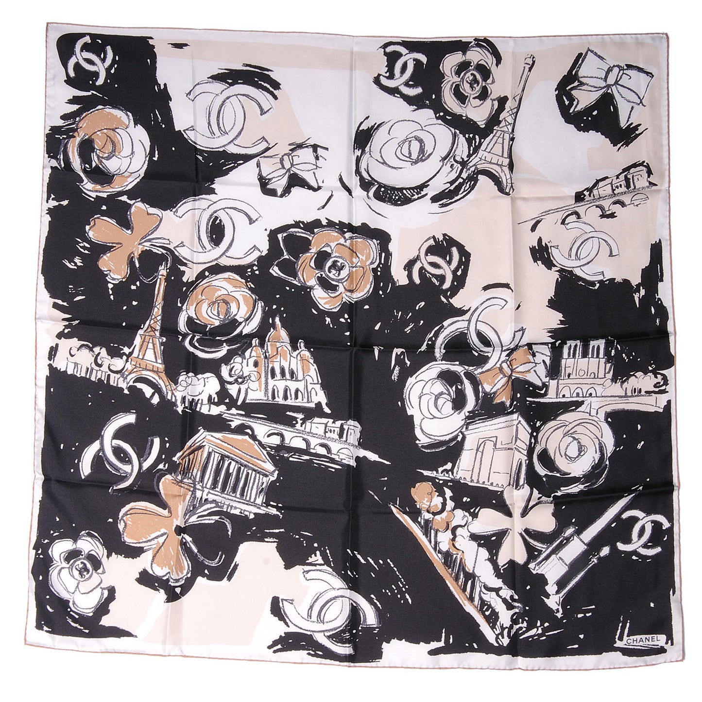 Silk Paris Scarf Black Beige