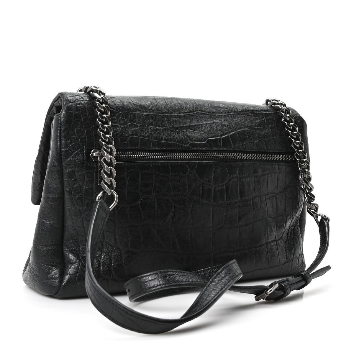 Calfskin Crocodile Embossed Medium West Hollywood Monogram Fold-Over Black