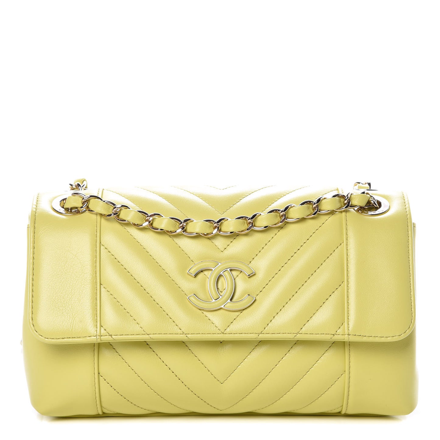 Calfskin Chevron Quilted Flap Yellow