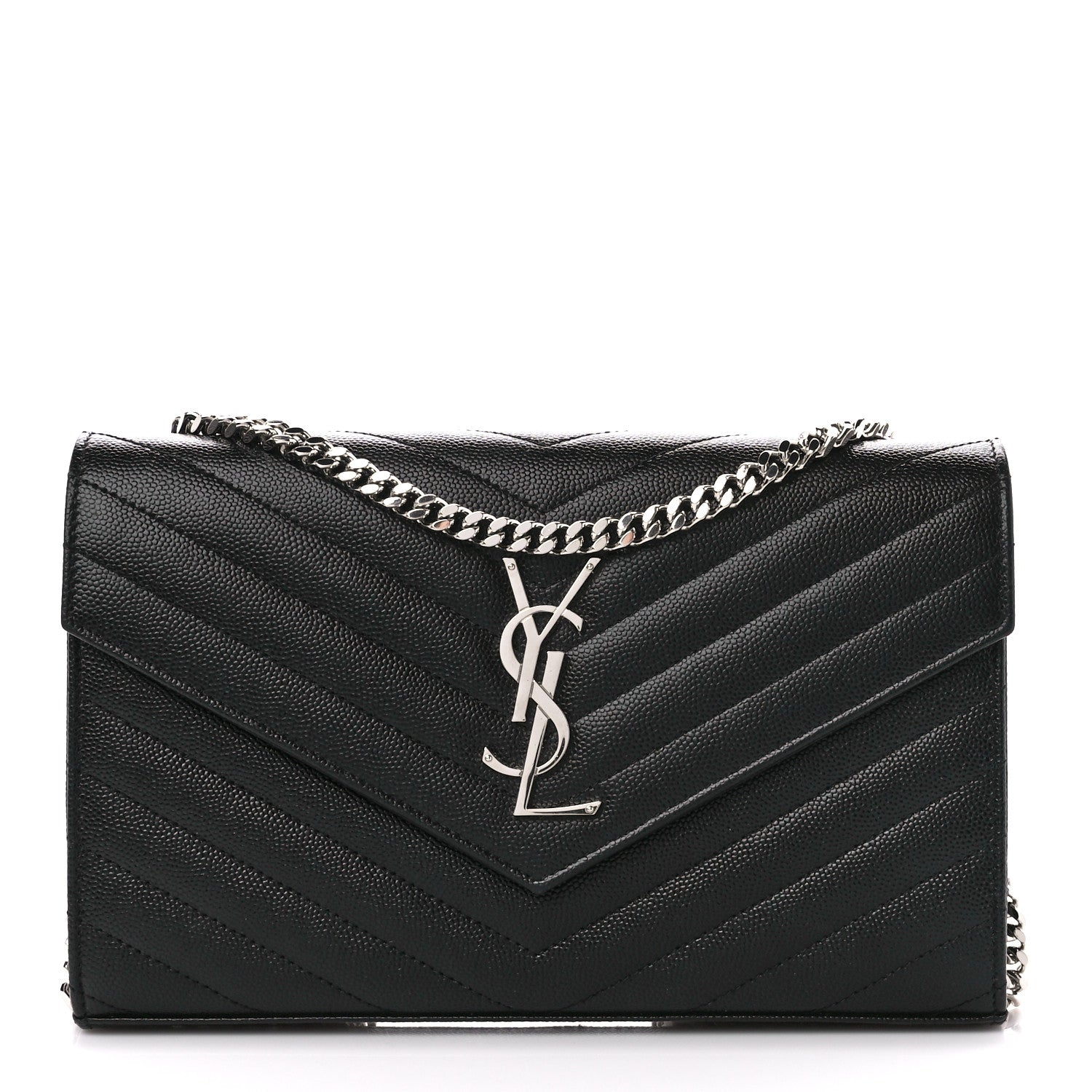 Saint Laurent Grain De Poudre Matelasse Chevron Monogram Chain Wallet Black 1 of 11