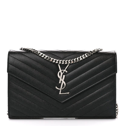 Saint Laurent Grain De Poudre Matelasse Chevron Monogram Chain Wallet Black 1 of 11