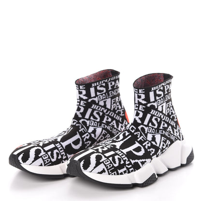 Balenciaga Neoprene Knit Bonjour Paris Womens Speed Sneakers 36 Black White Red 3 of 8