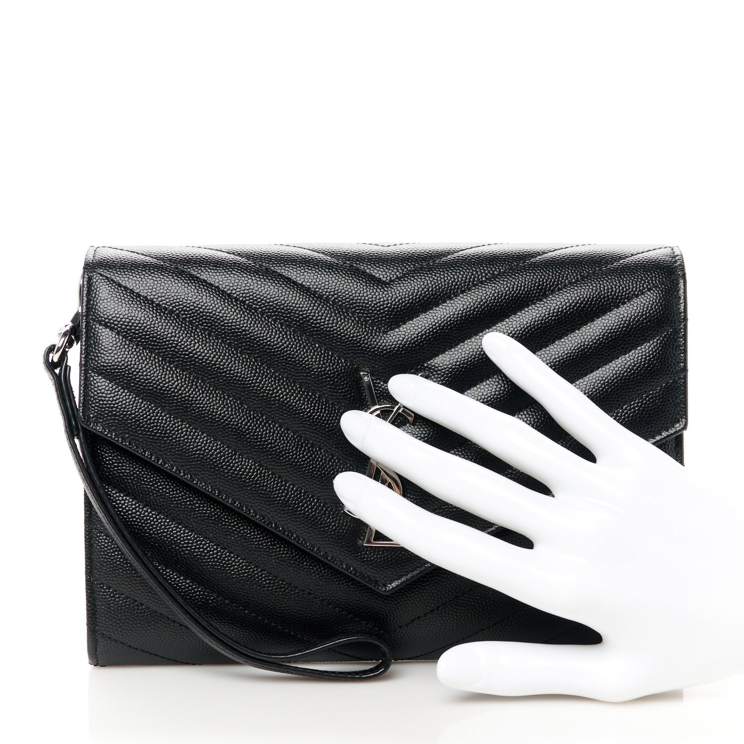 Saint Laurent Grain De Poudre Matelasse Chevron Monogram Envelope Clutch Black 2 of 10
