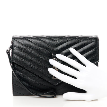Saint Laurent Grain De Poudre Matelasse Chevron Monogram Envelope Clutch Black 2 of 10
