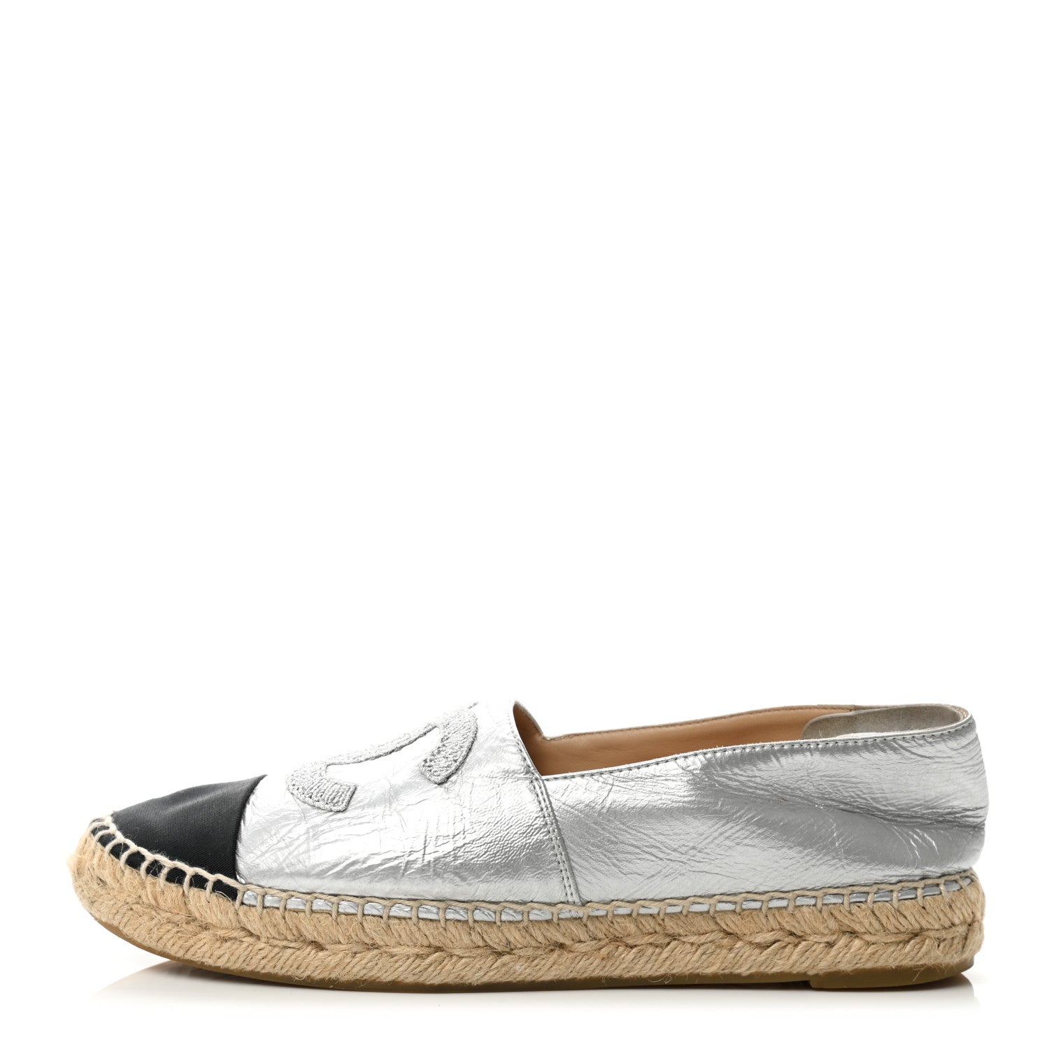 Chanel Metallic Lambskin Grosgrain Embroidered CC Espadrilles 38 Silver Black 1 of 13