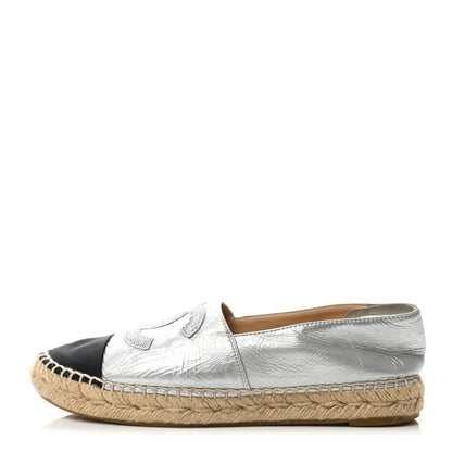 Chanel Metallic Lambskin Grosgrain Embroidered CC Espadrilles 38 Silver Black 1 of 13