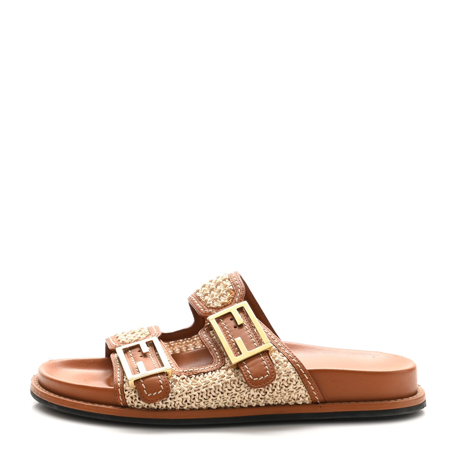 Fendi Raffia Vitello Womens Fendi Feel Buckled Slide Sandals 39 Paglia Brandy 1 of 11