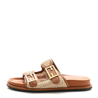 Fendi Raffia Vitello Womens Fendi Feel Buckled Slide Sandals 39 Paglia Brandy 1 of 11