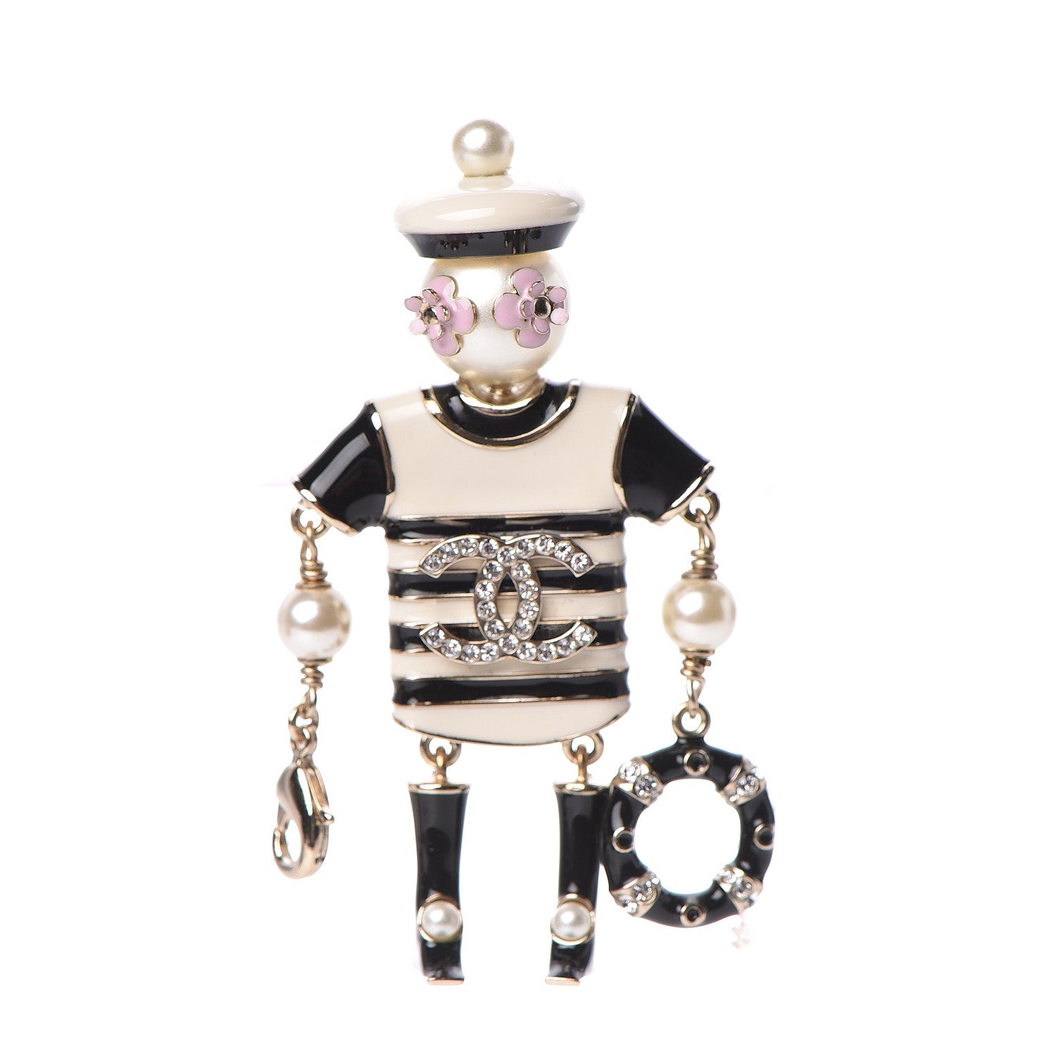 Chanel Enamel Crystal Pearl CC Sailor Brooch Black White 1 of 5