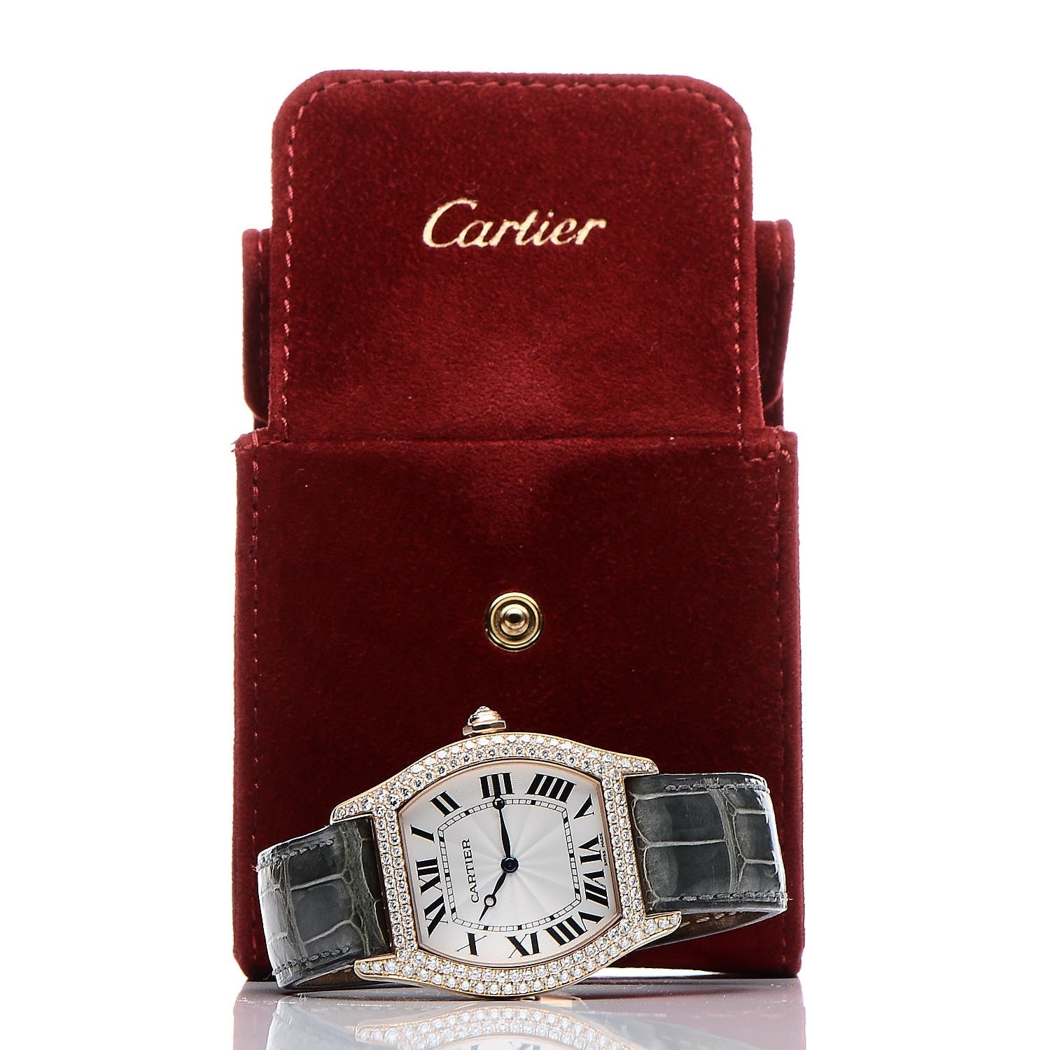 Cartier 18K Pink Gold Alligator Diamond Bezel 34mm Tortue Automatic Watch Grey 12 of 12