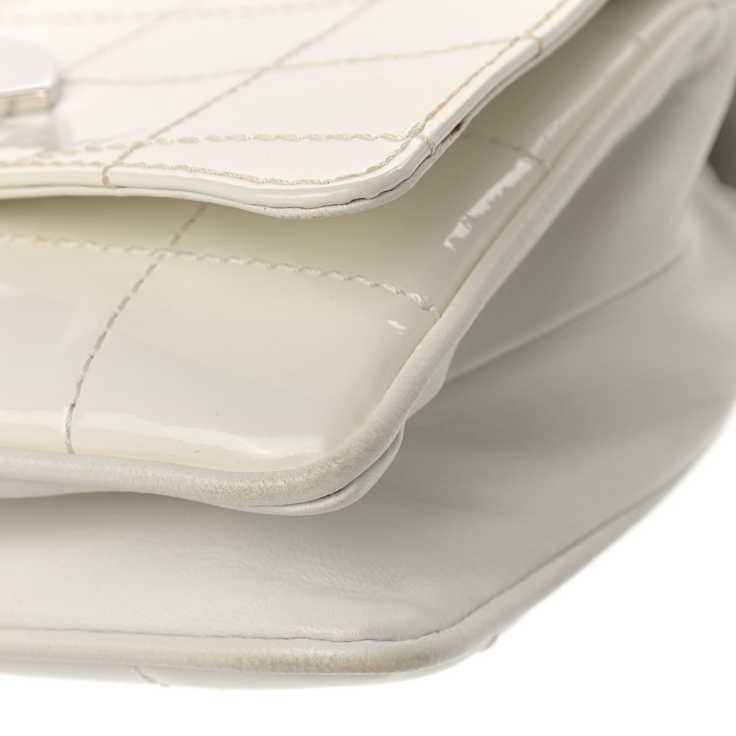 Patent Square Stitched CC Flap Clutch White