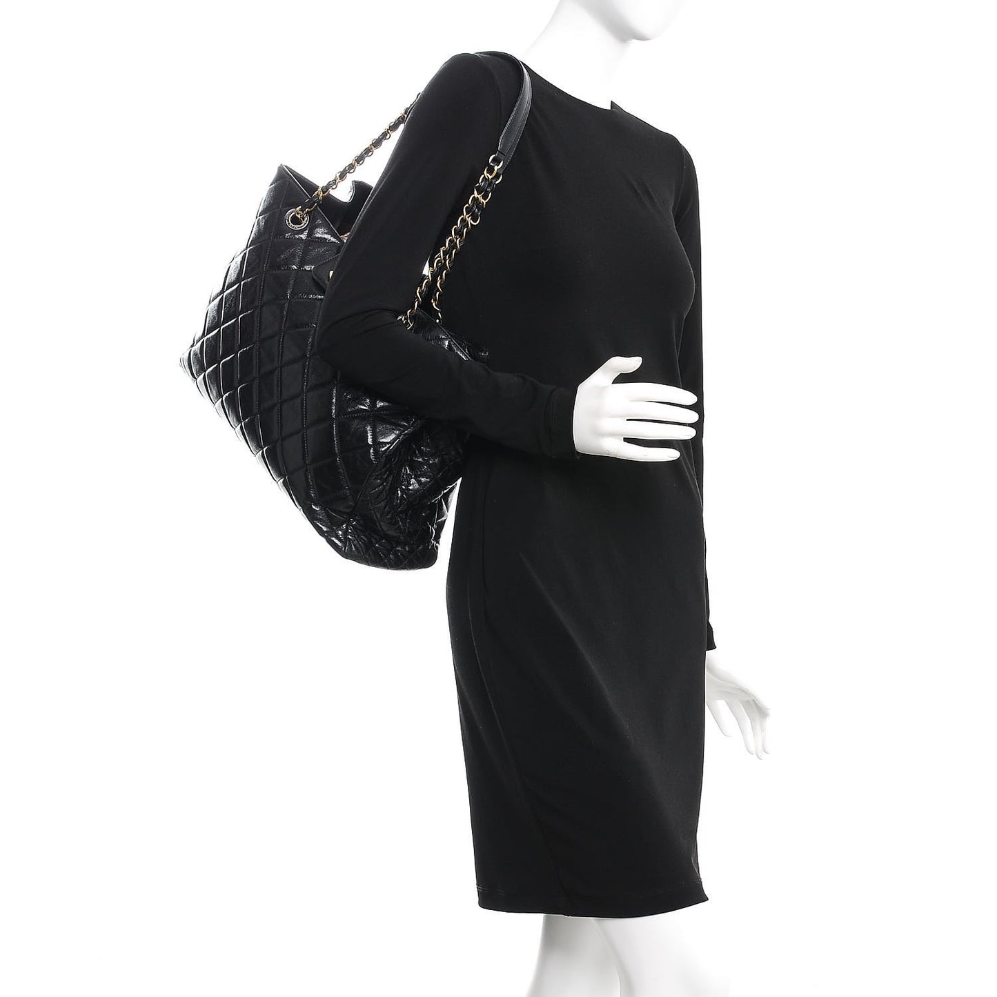 Glazed Calfskin Quilted Large Tote Black