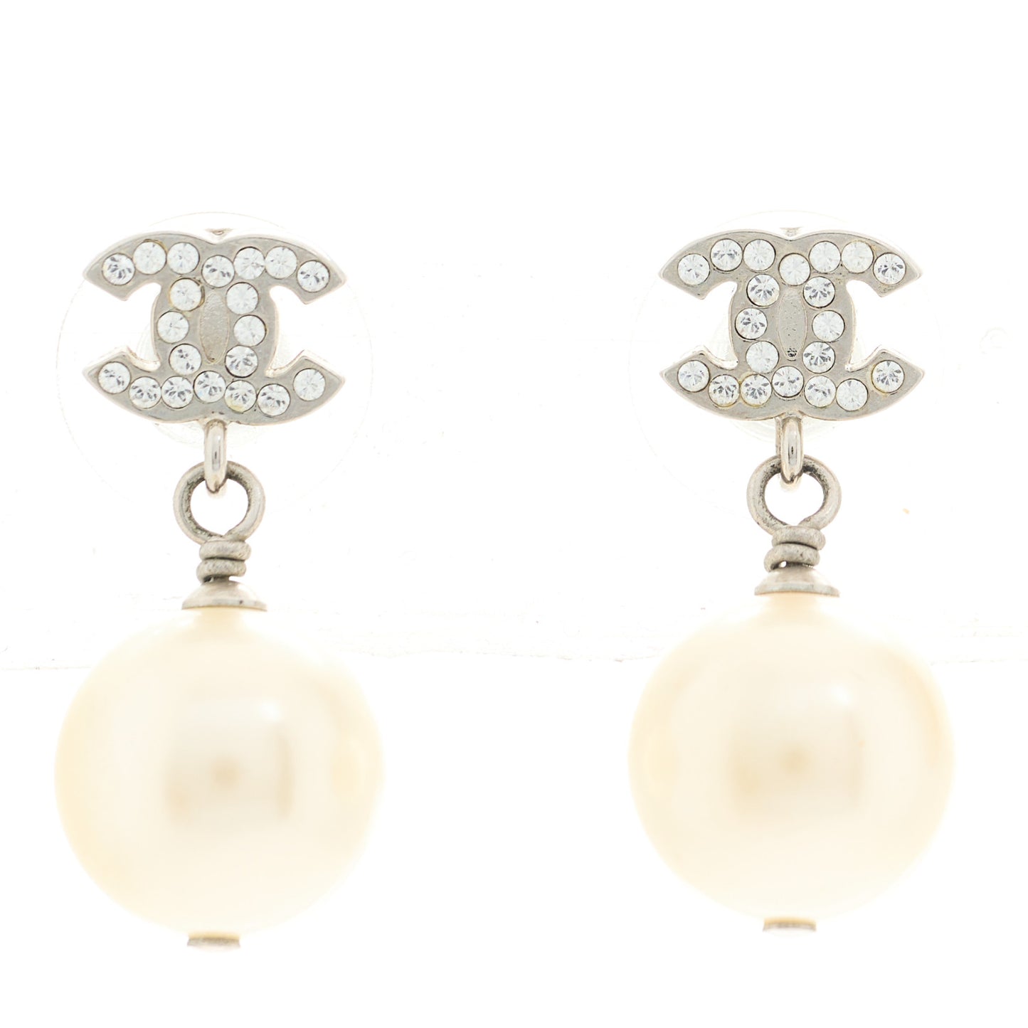 Crystal Pearl CC Drop Earrings Silver Pearly White
