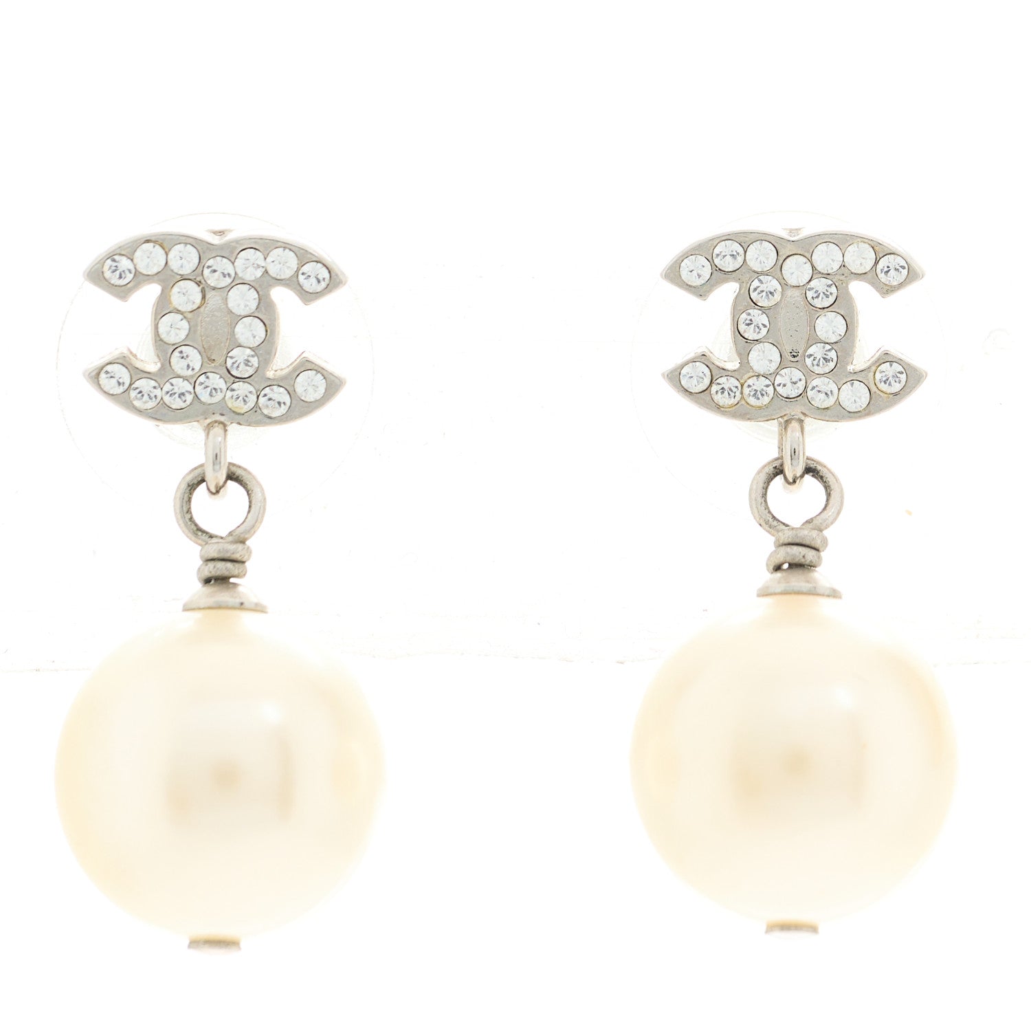 Chanel Crystal Pearl CC Drop Earrings Silver Pearly White 1 of 5