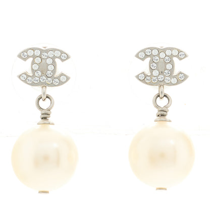Chanel Crystal Pearl CC Drop Earrings Silver Pearly White 1 of 5
