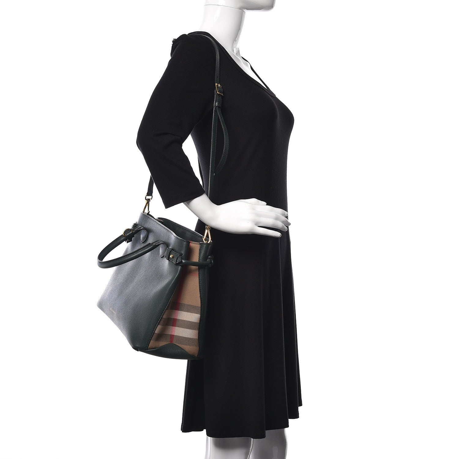 Burberry Derby Calfskin House Check Medium Banner Tote Black Dark Bottle Green 2 of 14