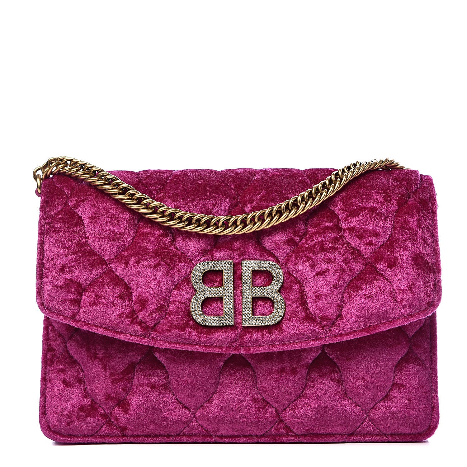 Balenciaga Crushed Velvet Crystal Mattress Quilted BB Wallet On Chain Fuchsia 1 of 11