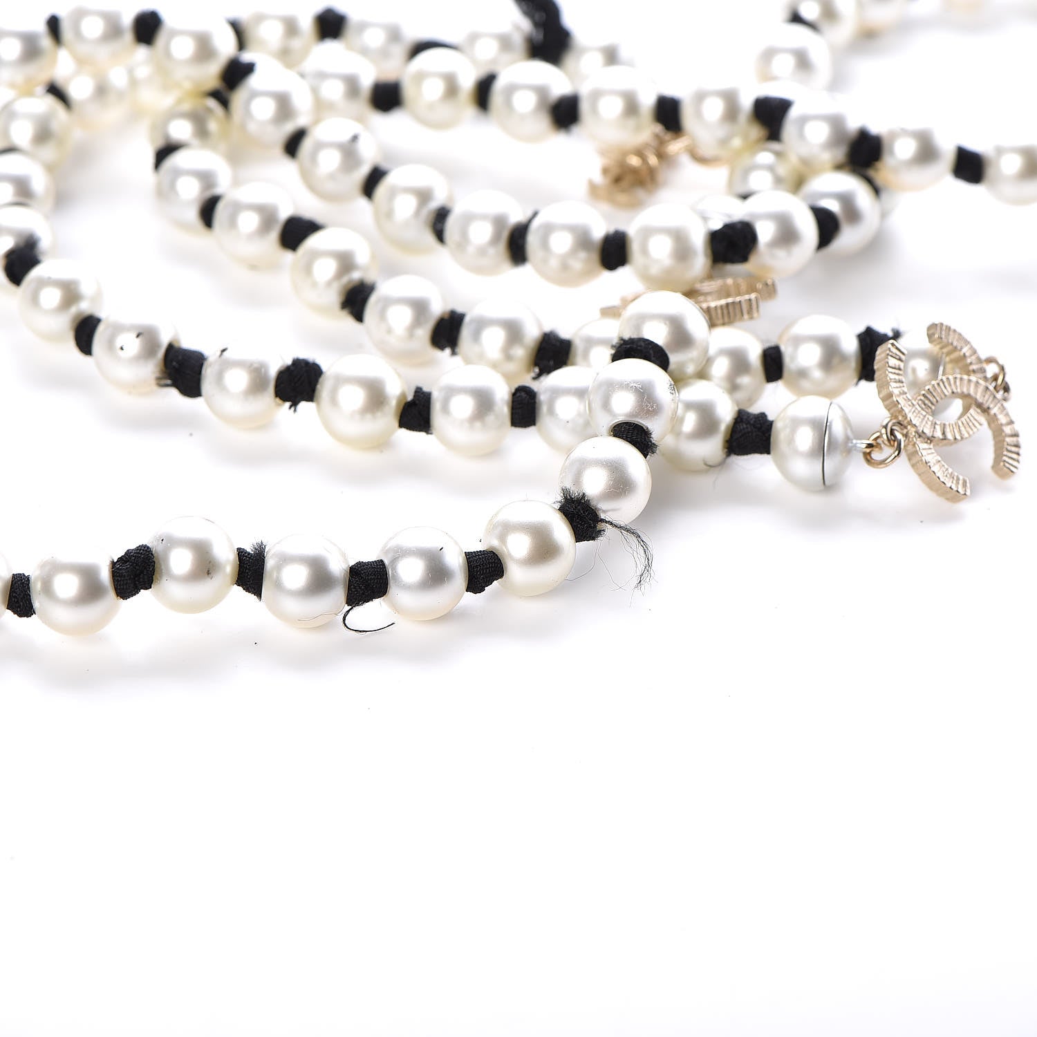 Chanel Pearl CC Long Necklace Gold Pearly White Black 5 of 9
