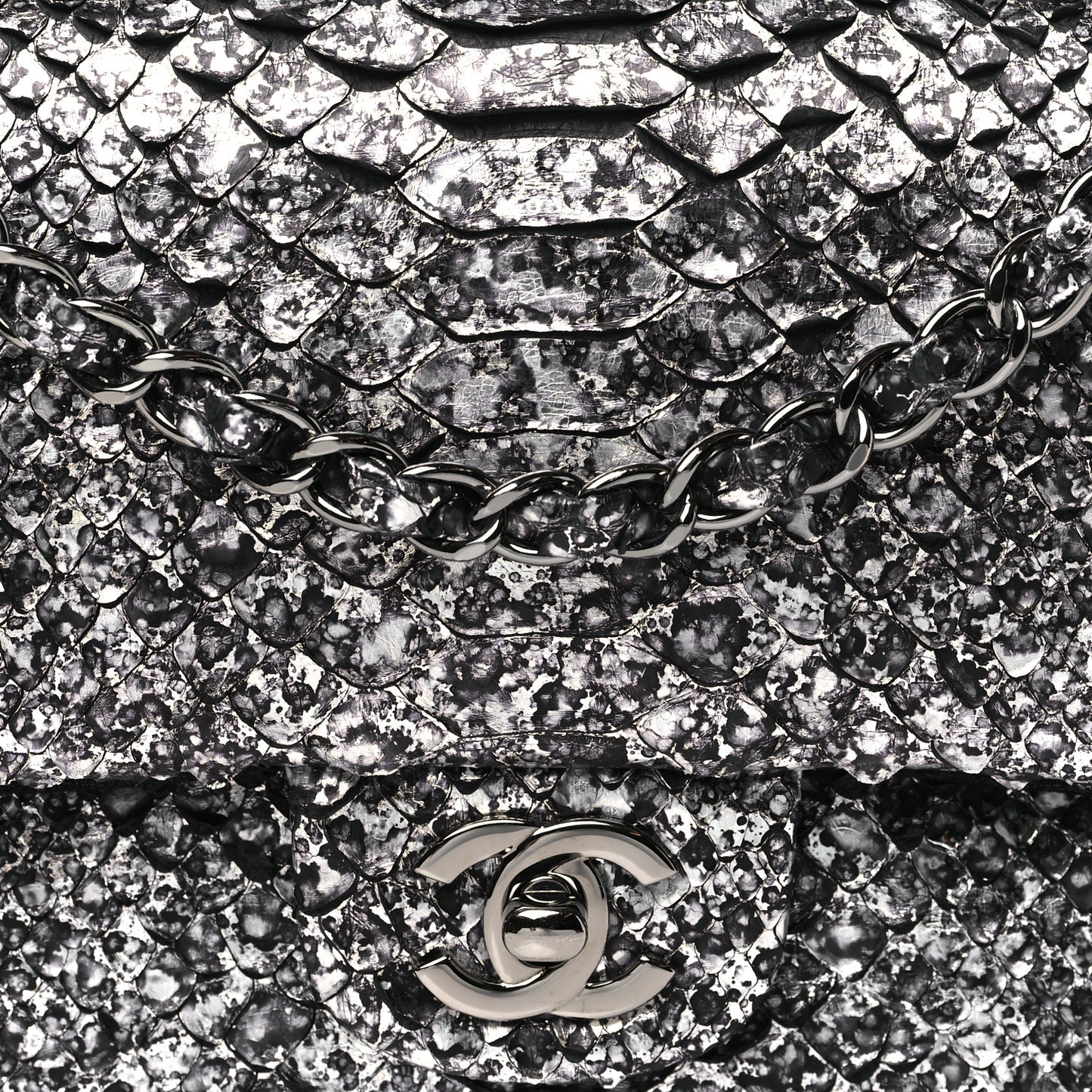 Metallic Snakeskin Medium Double Flap Black Silver