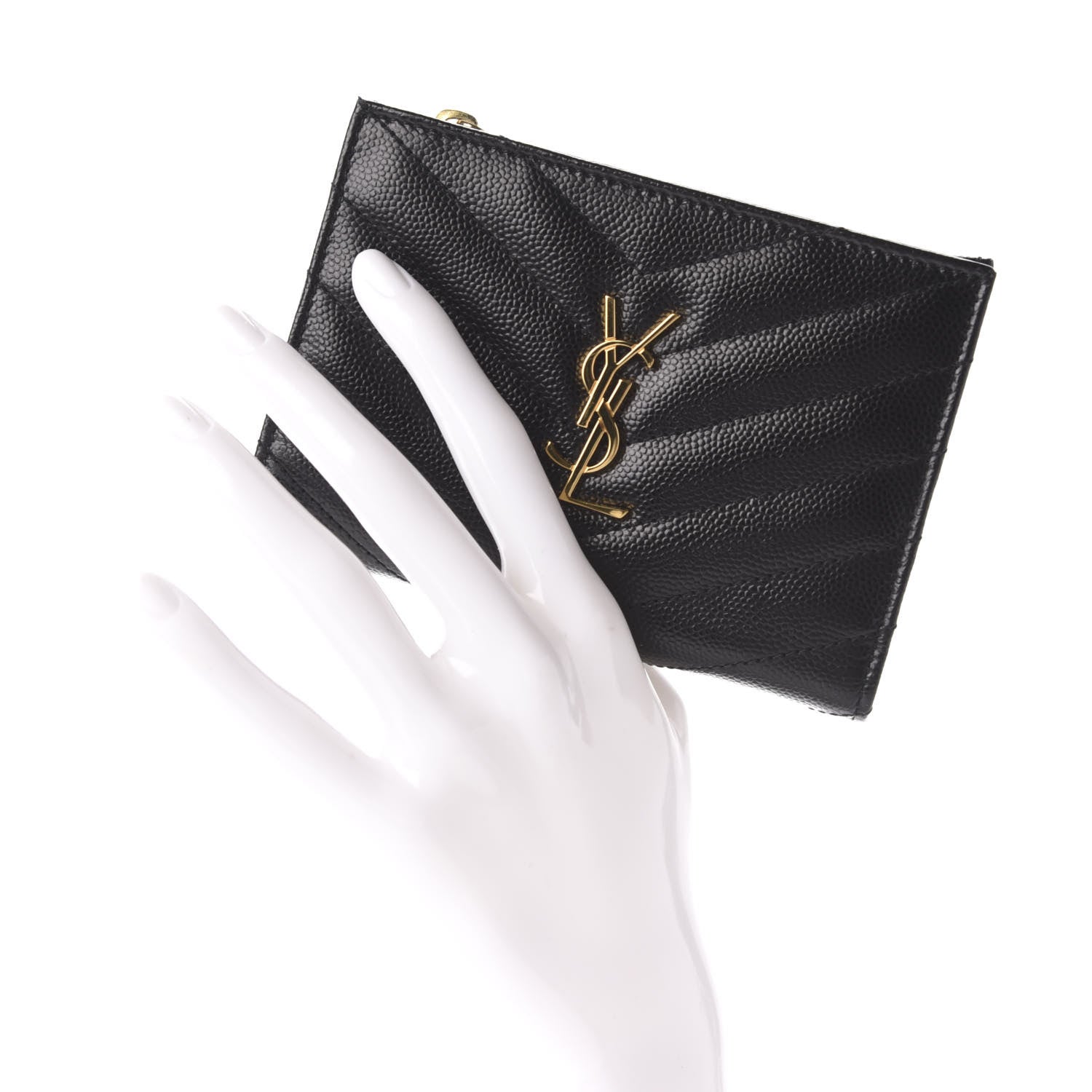 Saint Laurent Grain De Poudre Matelasse Chevron Monogram Zipped Two-Part Wallet Black 2 of 6