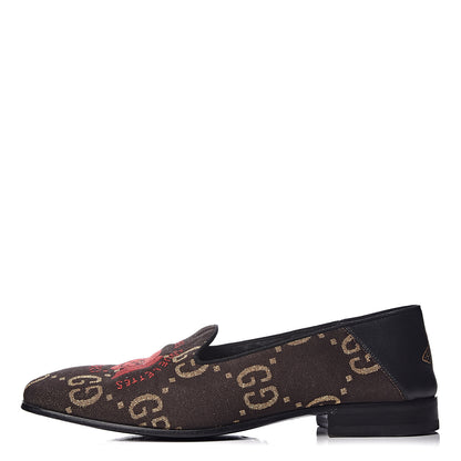 Gucci Calfskin Canvas Mens Chambre des Squelettes Loafers 8 Brown Black 1 of 15