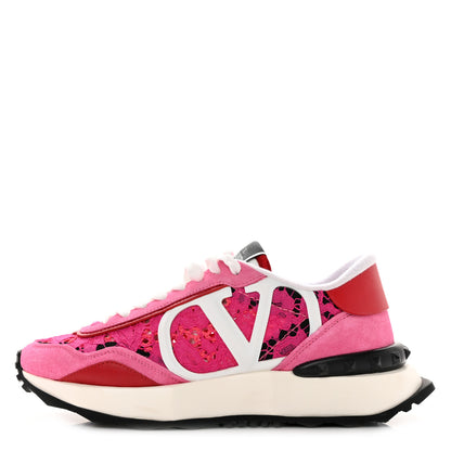 Valentino Garavani Suede Calfskin Lace Mesh Lacerunner Sneakers 39 Shocking Pink Pure Red 1 of 11
