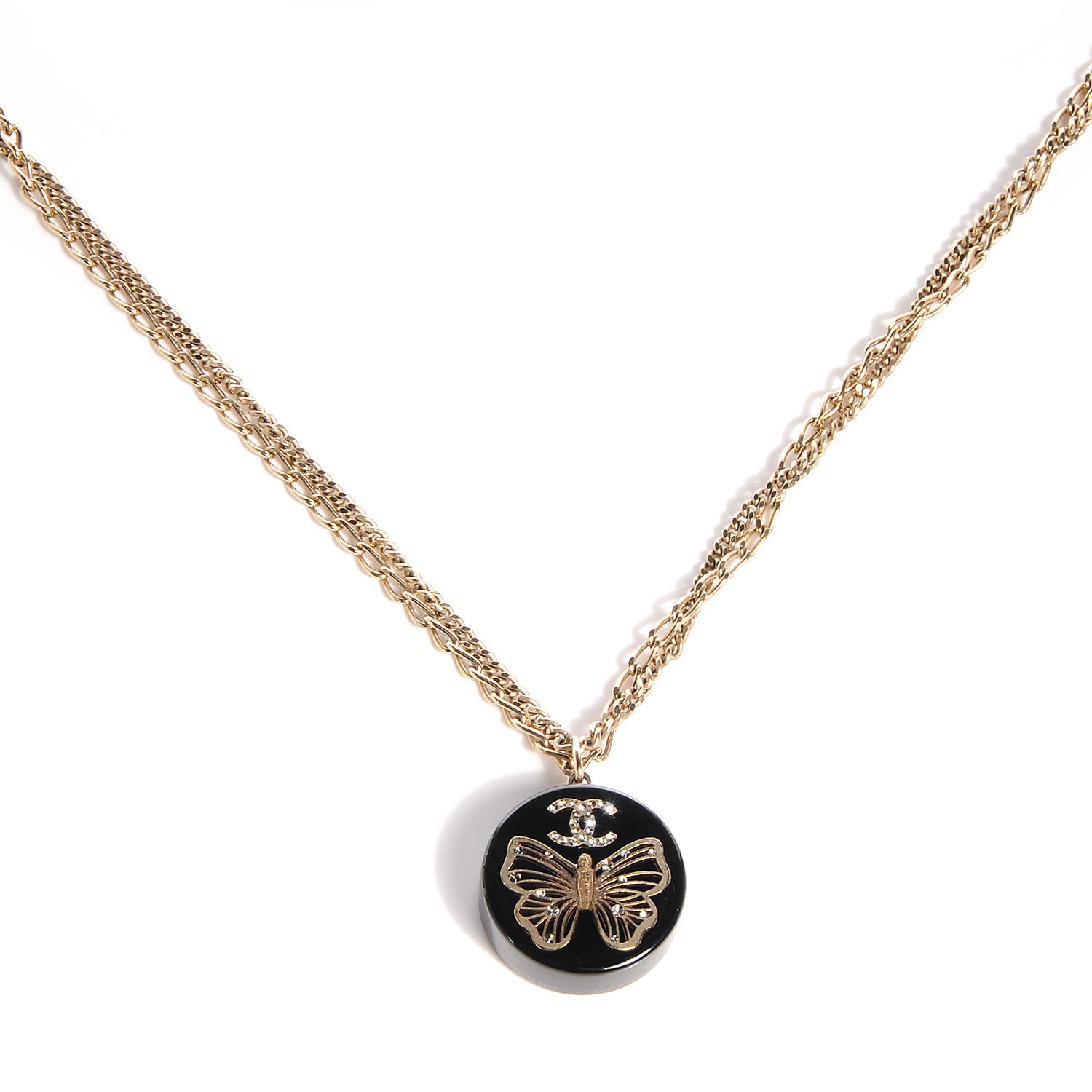 Chanel Crystal Resin Butterfly CC Pendant Necklace Black Gold 1 of 7