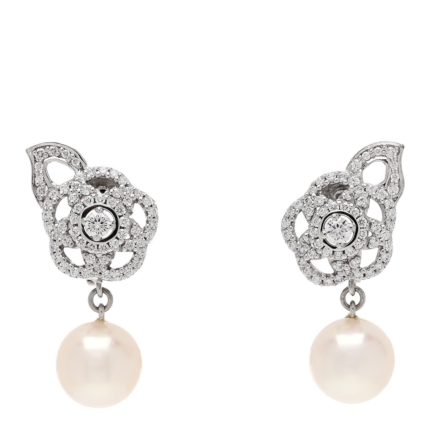 18K White Gold Diamond Pearl Camelia Drop Earrings
