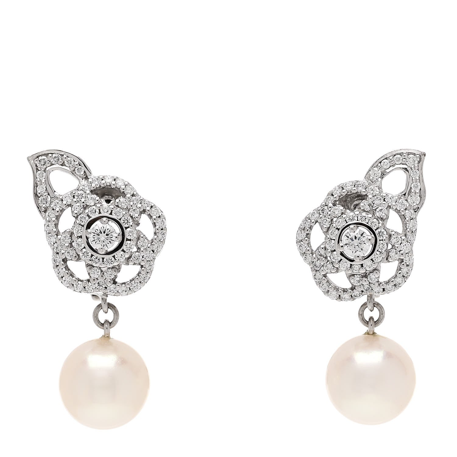 Chanel 18K White Gold Diamond Pearl Camelia Drop Earrings 1 of 4