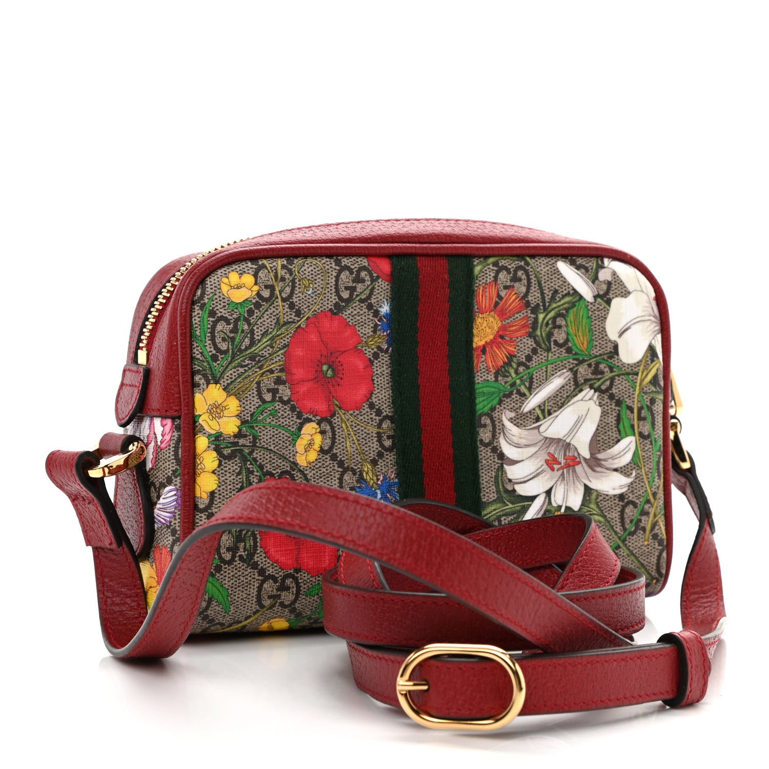 Gucci GG Supreme Monogram Flora Web Mini Ophidia Shoulder Bag Red 5 of 17