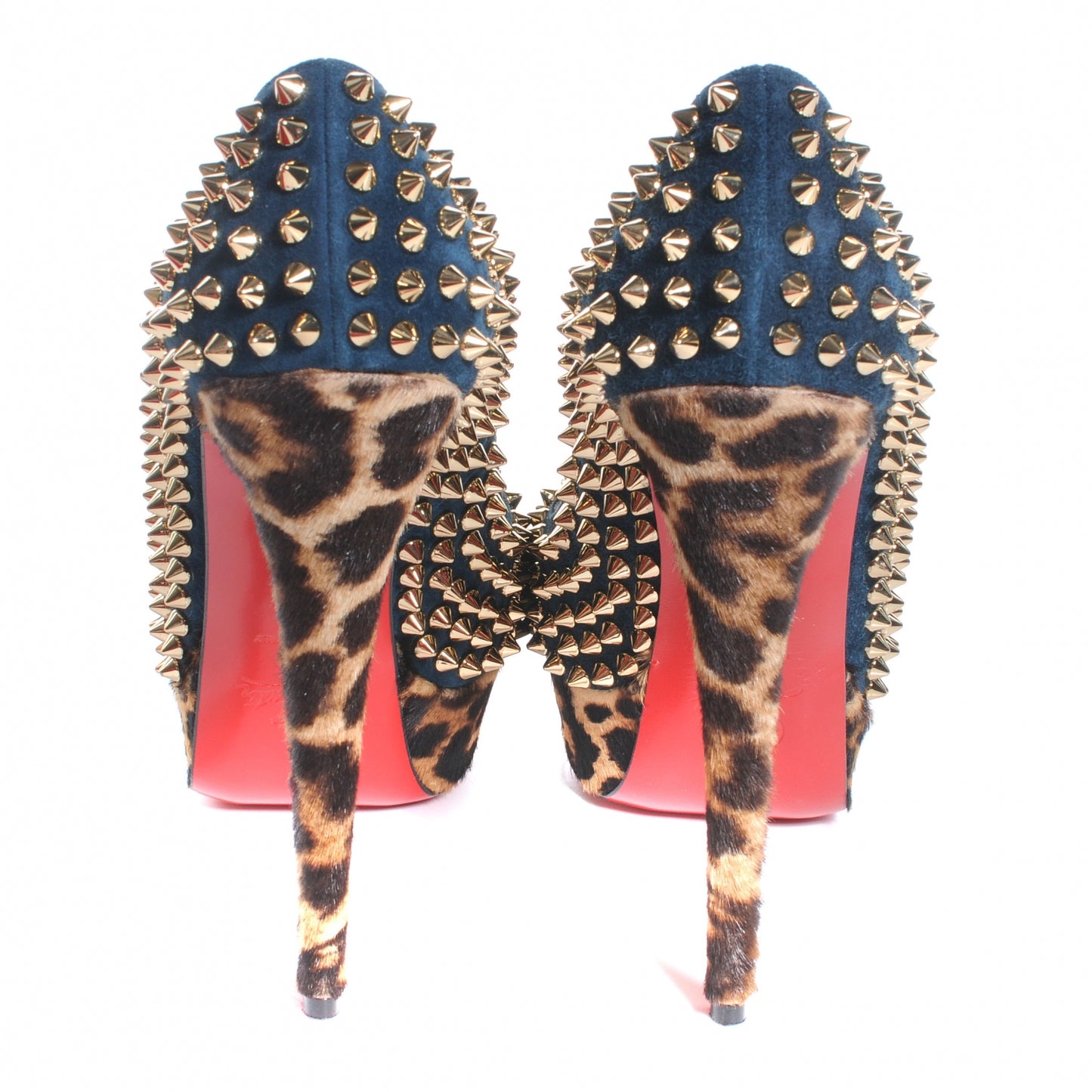 Veau Velours Calf Hair Leopard Lady Peep Spikes VIP 150 Pumps 38.5 Blue Khol Bronze