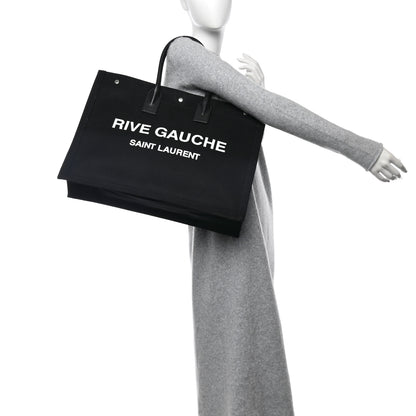 Saint Laurent Linen Calfskin Rive Gauche Tote Black 2 of 12