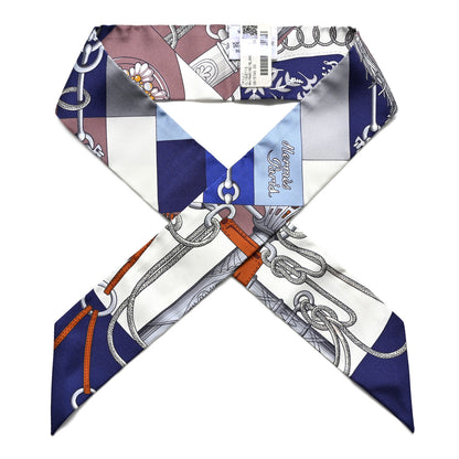 Hermes Silk Cliquetis Twilly Marine White Marron 1 of 4