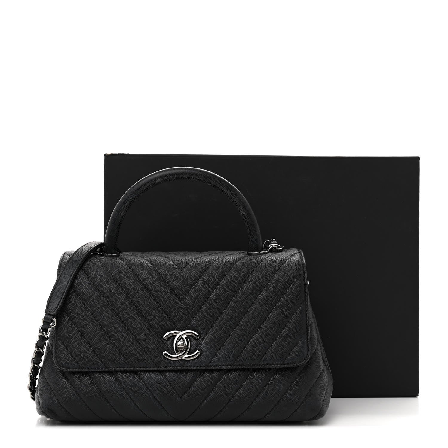 Chanel Caviar Chevron Quilted Small Coco Handle Flap Dark Grey 14 of 14