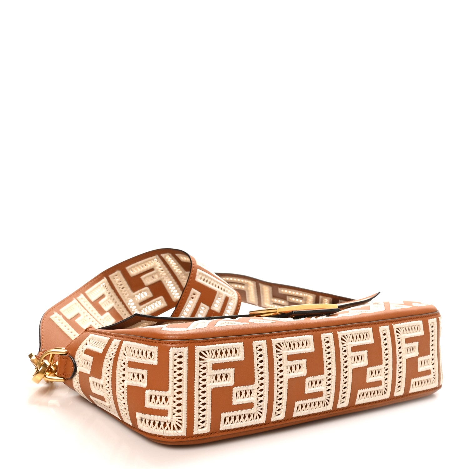 Fendi Vitello Seta FF Ajour Embroidered Baguette Brandy 1887737