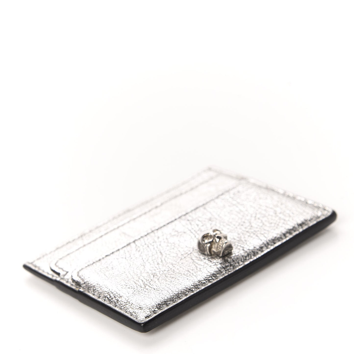 Metallic Calfskin Skull Card Holder Silver