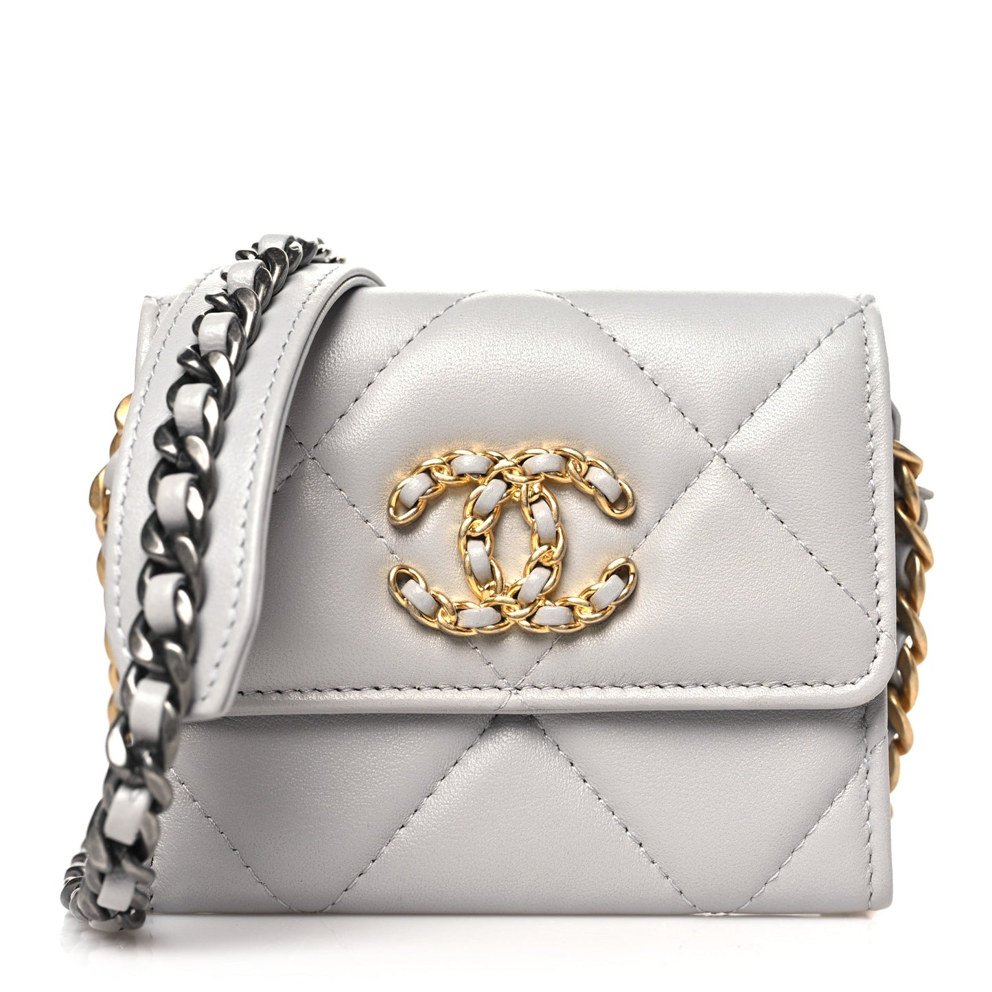 Lambskin Quilted Chanel 19 Flap Coin Purse With Chain Grey