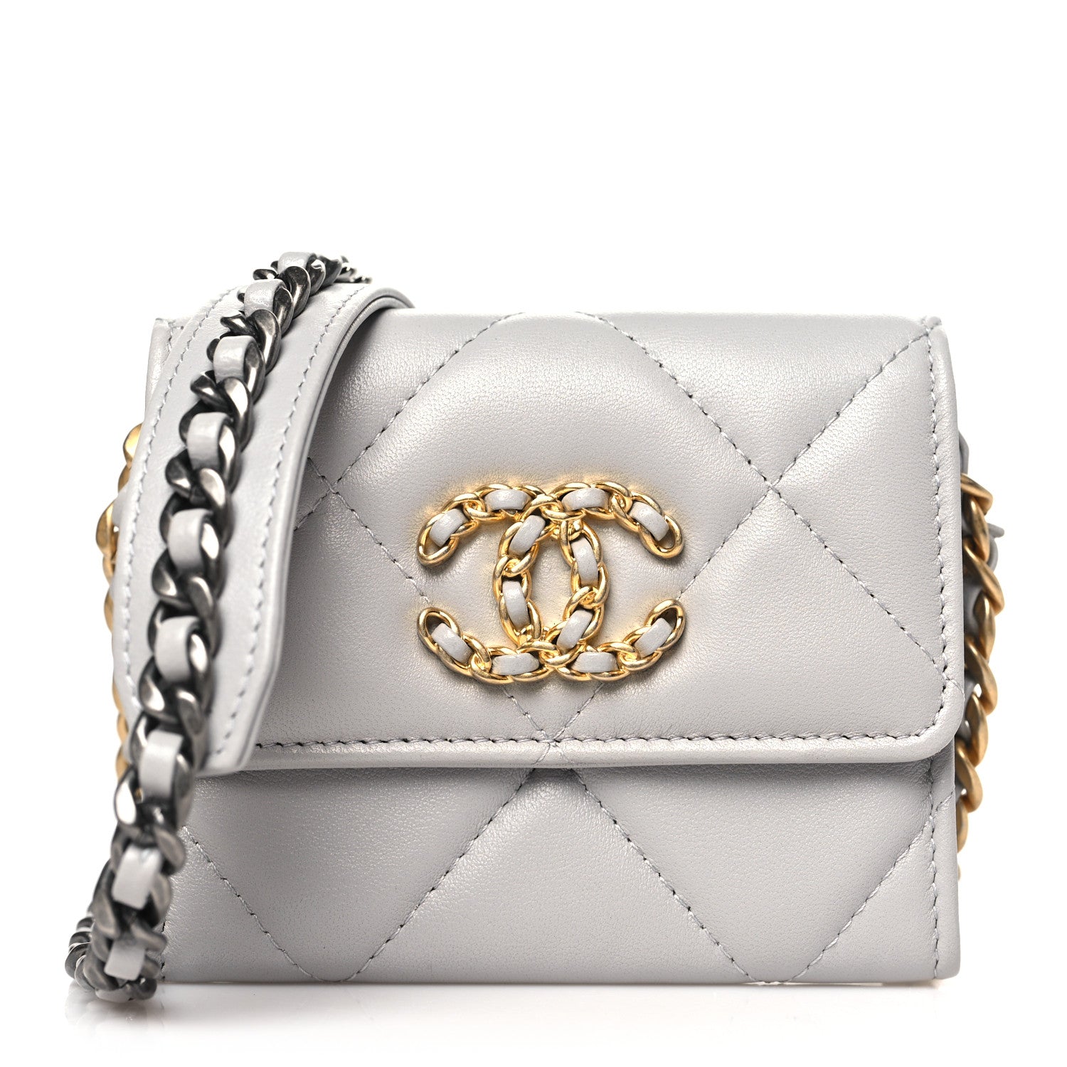 Chanel Lambskin Quilted Chanel 19 Flap Coin Purse With Chain Grey 1 of 11