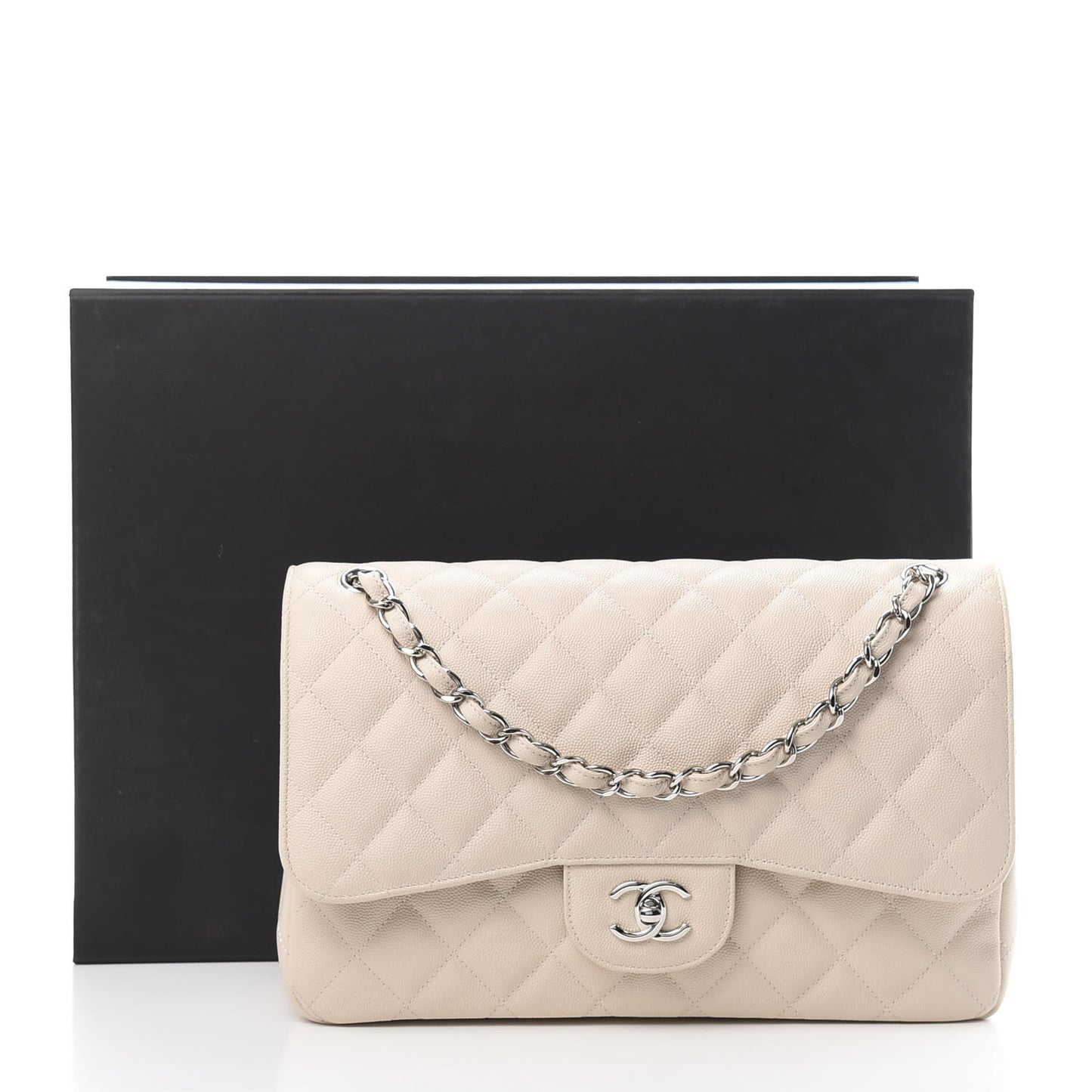 Caviar Quilted Jumbo Double Flap Light Beige