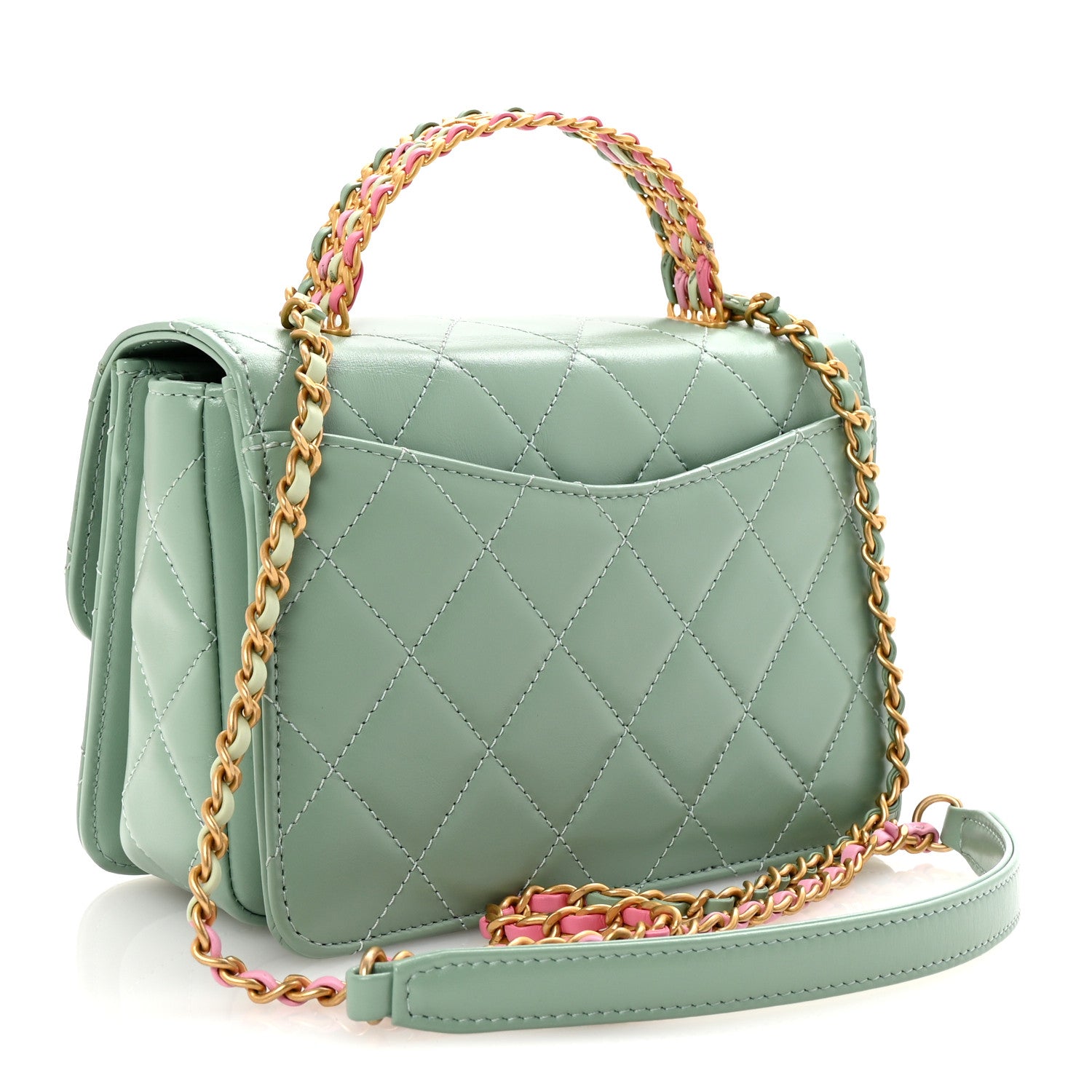 Chanel Shiny Calfskin Quilted Mini Metal Top Handle Flap Light Green 3 of 10