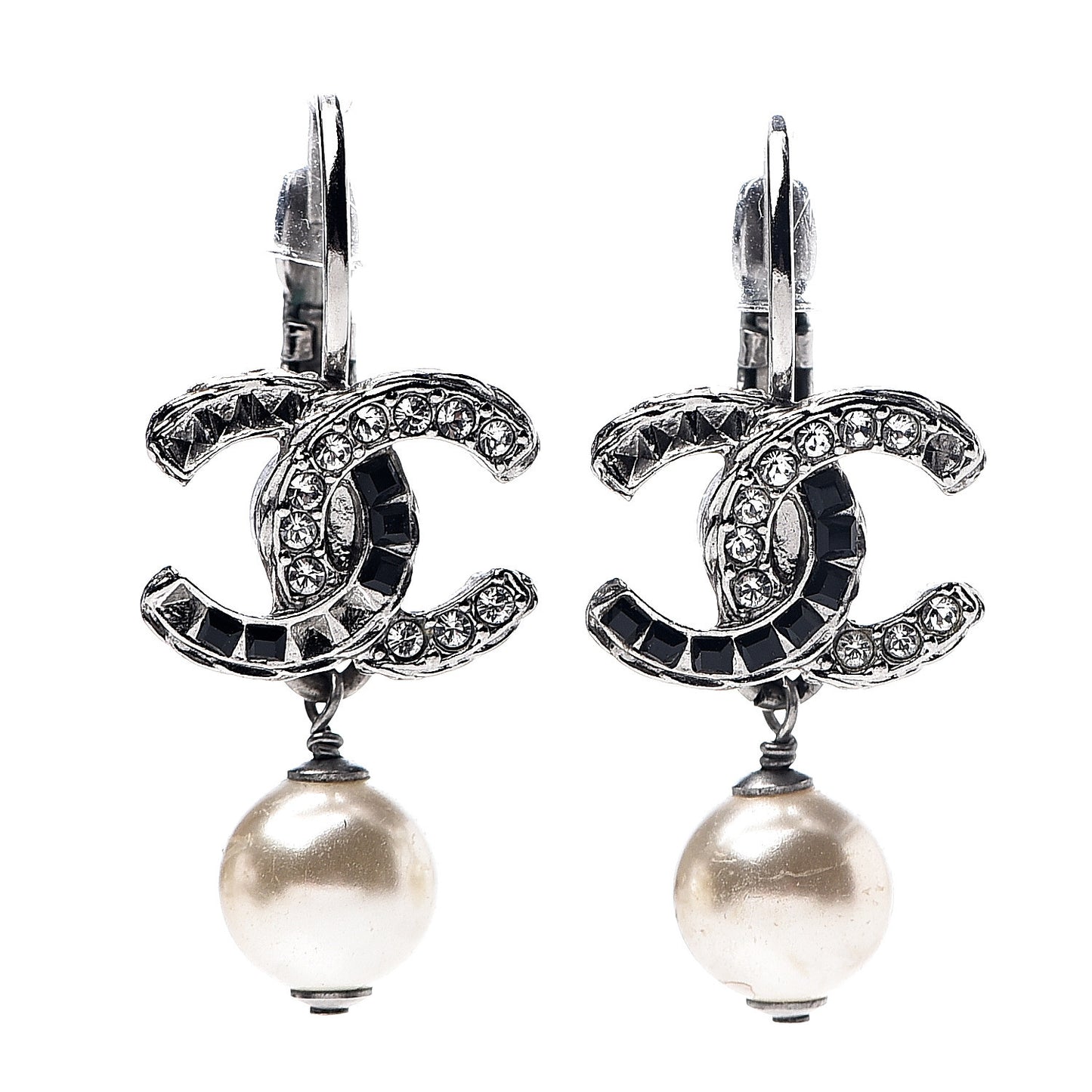 Baguette Crystal Pearl CC Drop Earrings Black Silver