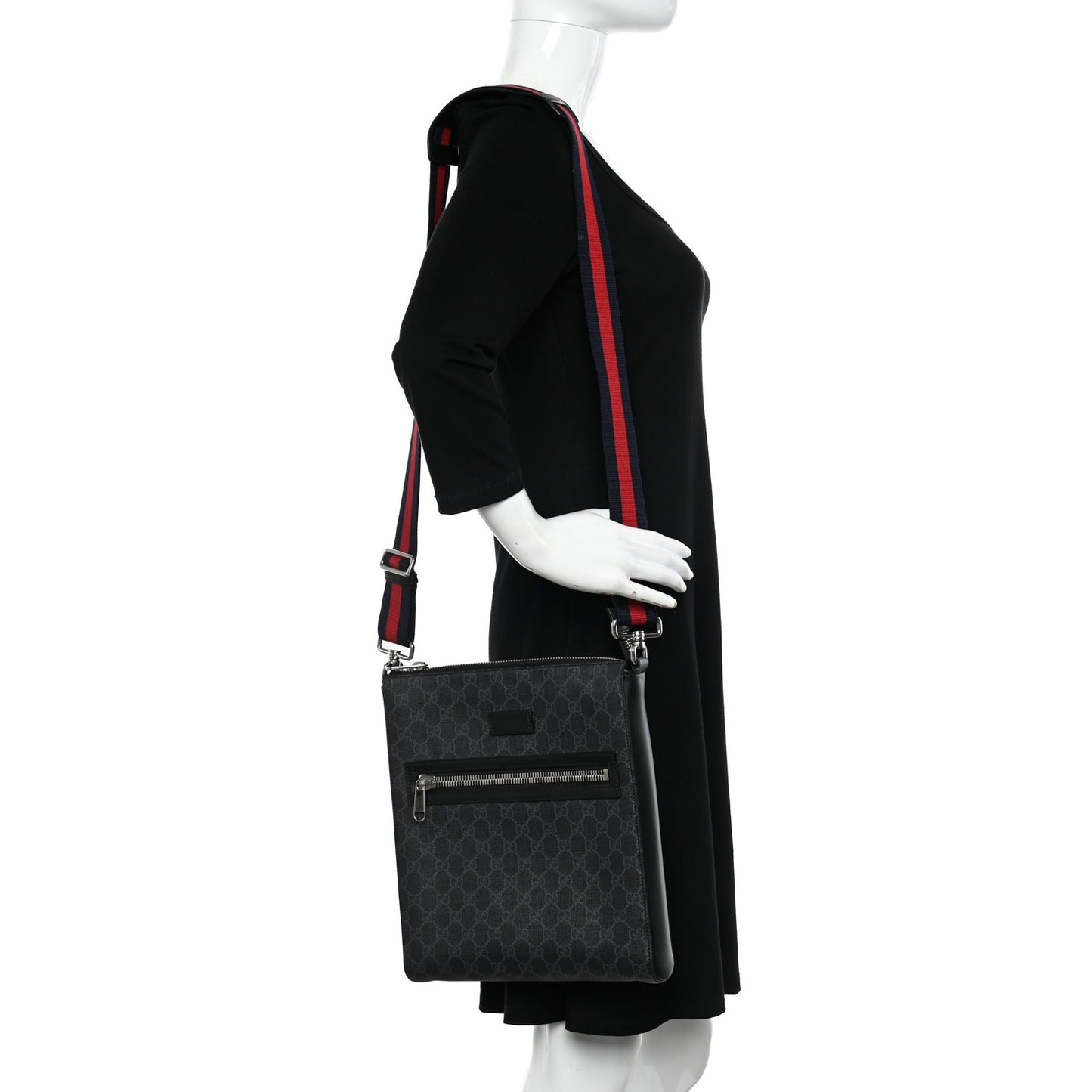 GG Supreme Monogram Appia Calfskin Web Flat Messenger Bag Black Grey