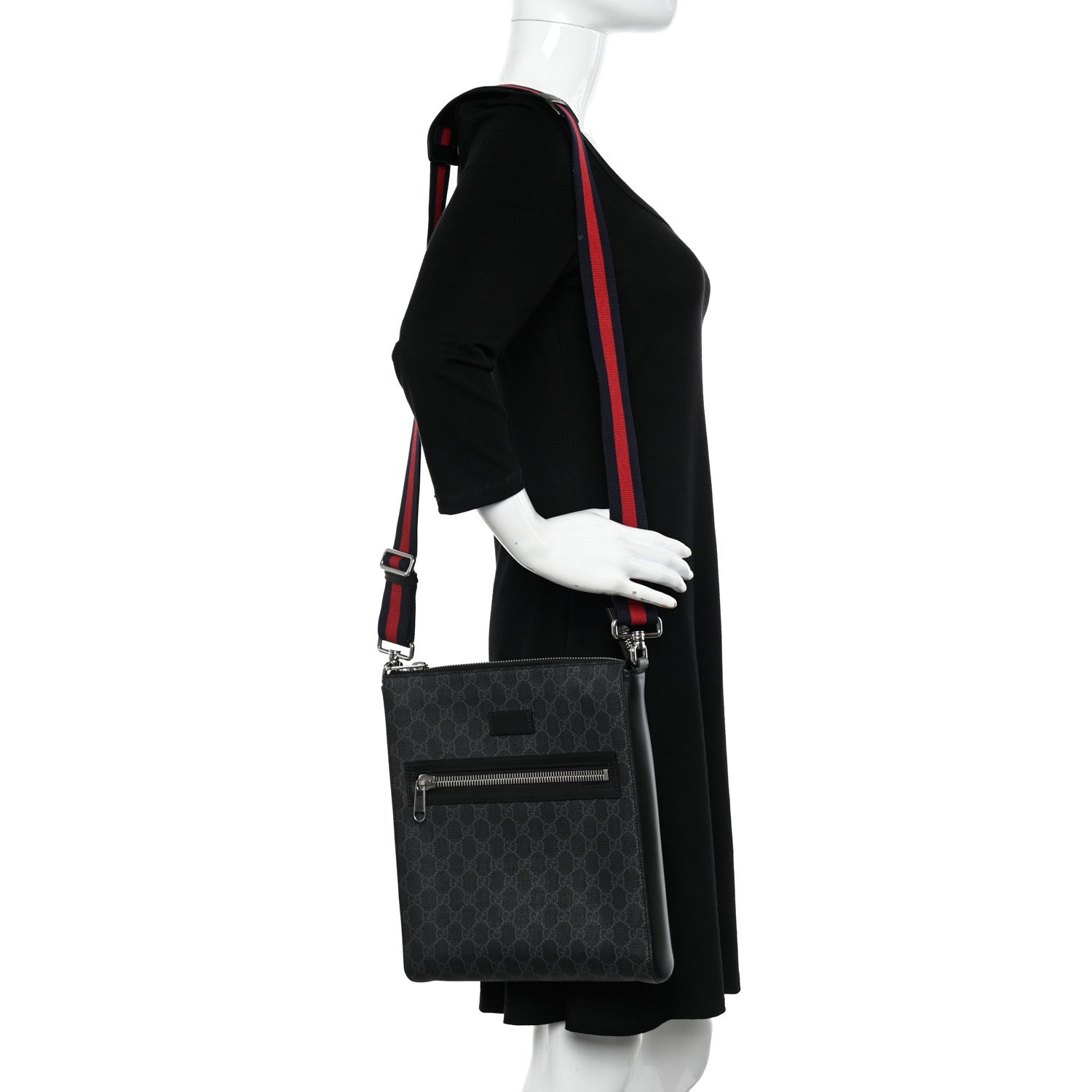 Gucci GG Supreme Monogram Appia Calfskin Web Flat Messenger Bag Black Grey 2 of 11