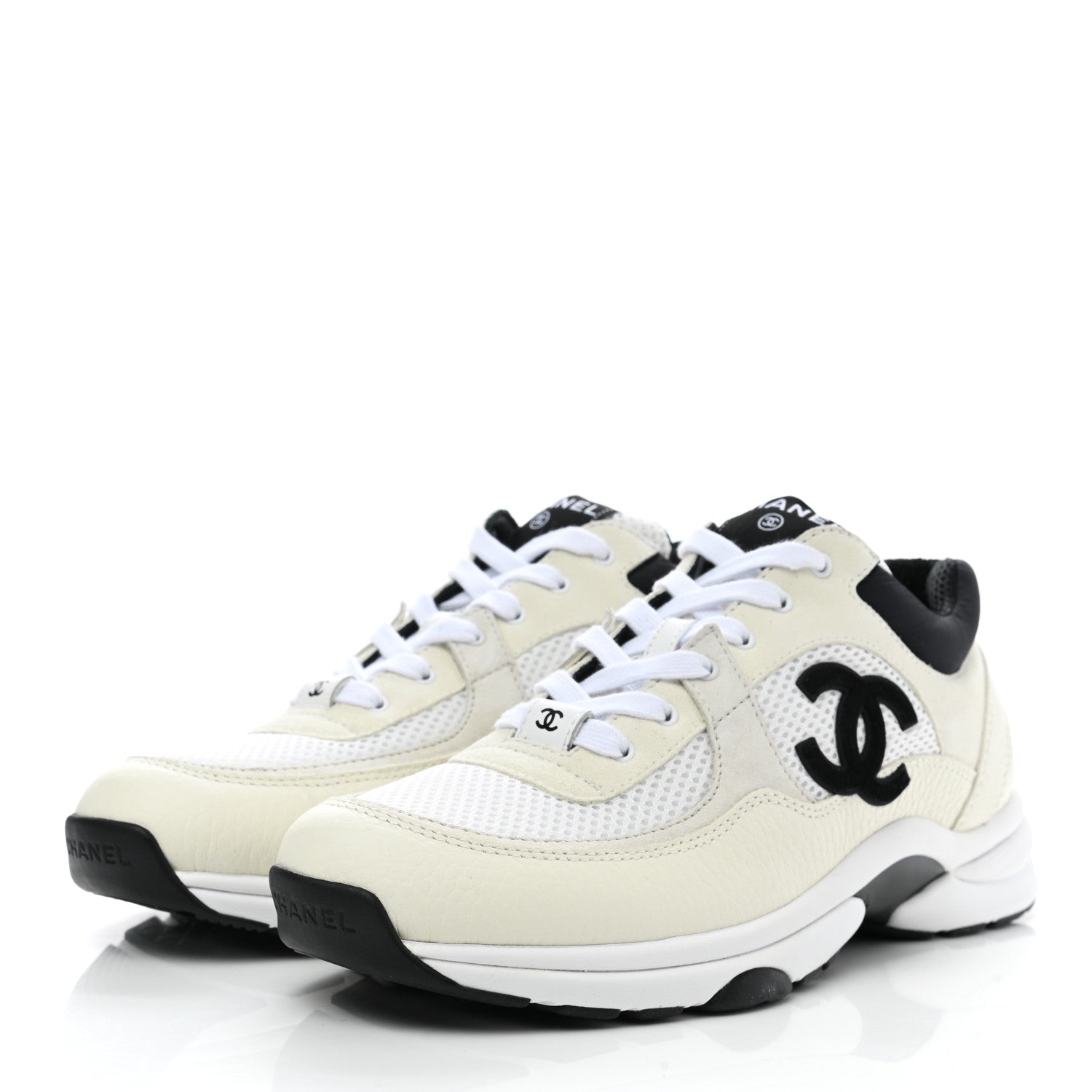 Chanel Mesh Suede Calfskin Grained Calfskin Womens CC Sneakers 40.5 White Black 3 of 8