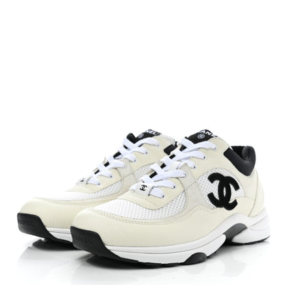 Chanel Mesh Suede Calfskin Grained Calfskin Womens CC Sneakers 40.5 White Black 3 of 8