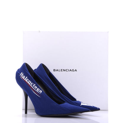 Balenciaga Jersey Crepe Political Campaign Logo Knife 115 Pointed Pumps 37 Blue 10 of 10