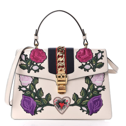 Gucci Calfskin Embroidered Medium Sylvie Top Handle Bag White 1 of 9
