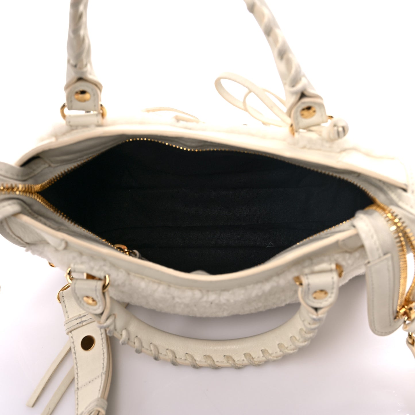 Shearling Nappa Gold Metallic Edge Hardware Mini City Cream