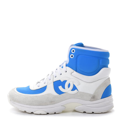 Chanel Suede Calfskin Lambskin High Top CC Sneakers 36.5 White Blue 1 of 10